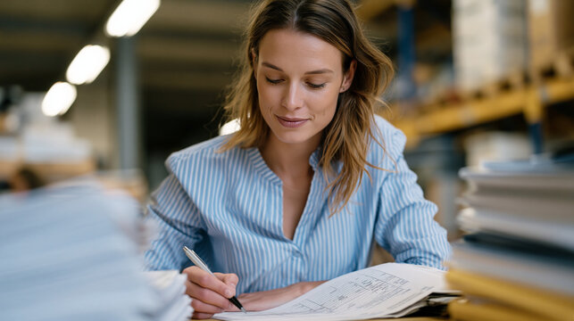 Procurement officer in a warehouse meeting room reviewing supplier contracts stacked on a conference table, pen in hand, comparing specifications on a printed spreadsheet,