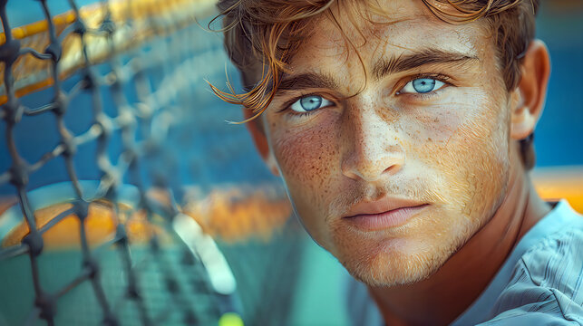 Young man with blue eyes and freckles tennis portrait.