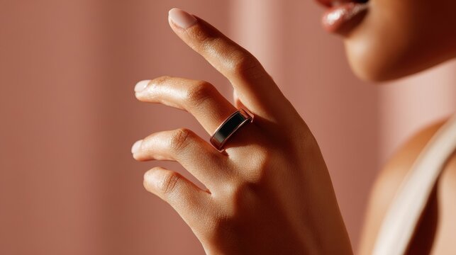 Close-up of a woman's hand wearing a sleek, modern smart ring with rose gold accents. Woman's hand with manicured nails displays stylish smart ring, hinting at advanced technology and personal style