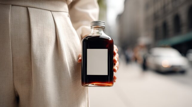 Woman holding cold brew coffee bottle blank label in city street. Person holds glass bottle of dark liquid, likely cold brew coffee, with blank label for customization, on a blurred urban background