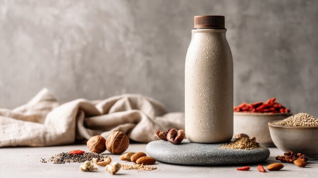 Healthy plant-based milk bottle surrounded by nuts, seeds, dried berries. Bottle of plant-based milk sits amidst collection of wholesome ingredients like almonds, walnuts, goji berries, various seeds