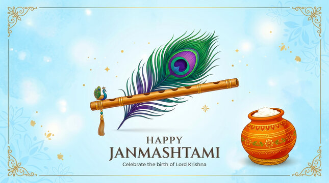 A festive Janmashtami greeting card illustration featuring a flute with a peacock feather and a pot of butter on a blue background