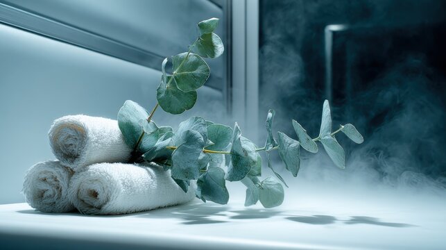 Spa relaxation with eucalyptus branch and rolled white towels in steam. A serene spa scene featuring a eucalyptus branch resting on neatly rolled white towels, enveloped in gentle steam