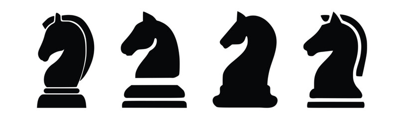 Chess Knight Piece Icon Set Vector Illustration, Horse Chess Symbol Collection, Strategy Board Game Silhouette, Minimal Flat Chess Piece Design Isolated on White Background Vector © habibullah990