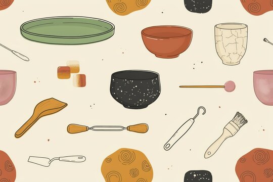 Seamless pattern featuring various ceramic pottery bowls, plates, and sculpting tools on a light beige background, for kitchen decor