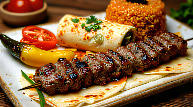 appetizing turkish lyulya kebab with rice and roasted pepper