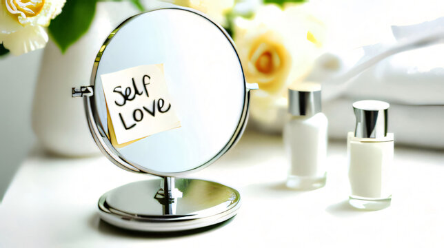 small desktop mirror with text self love at cozy home