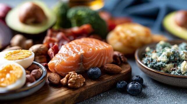 Healthy keto diet platter with salmon fillet avocado eggs broccoli and blueberries