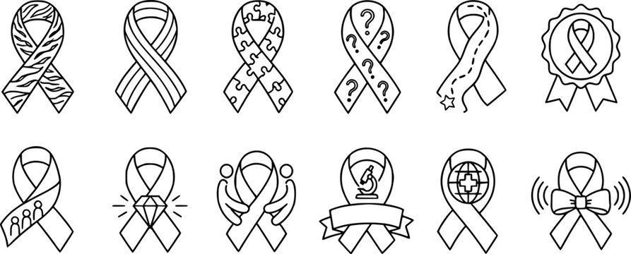 Set of awareness ribbons with various patterns and symbols, vector icons transparent background