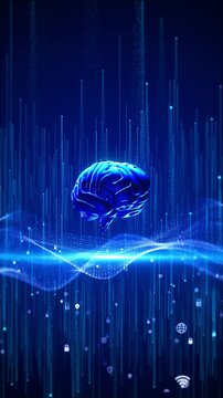 Digital neural brain scene wave mesh, falling data lines, lock icons, futuristic science glow. machine learning clips, healthcare technology, automation promos, cyber defense intros, smart analytics