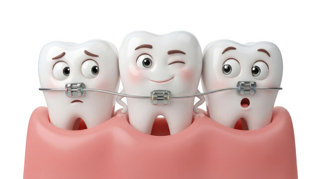 Funny cartoon teeth with metal braces in pink healthy gums isolated on transparent background