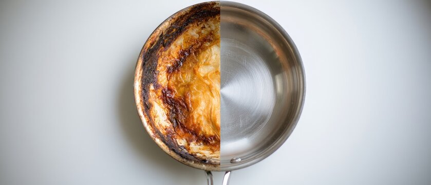 Comparison of heavily used stainless steel pan on the left and clean stainless steel pan on the right shown against a white background