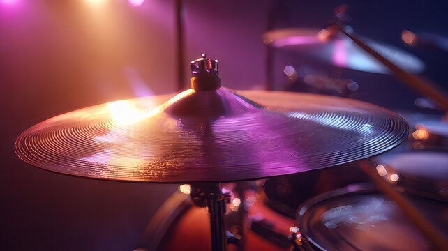 Professional drum cymbal close up in purple stage lighting, brass percussion instrument on drum kit, musical equipment for live concert performance