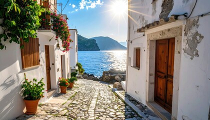 Fototapeta premium Cobblestone path winds uphill between white buildings to sunlit blue sea
