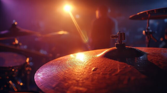 Cinematic drum kit cymbal close up on stage, professional percussion instrument in concert lighting, atmospheric live music performance background