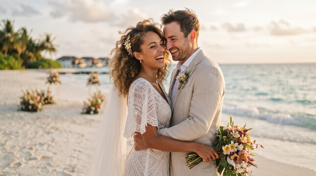 Smiling bridal couple celebrating intimate tropical beach wedding in Maldives at sunset, suitable for destination travel blogs, honeymoon websites, and luxury resort marketing materials.