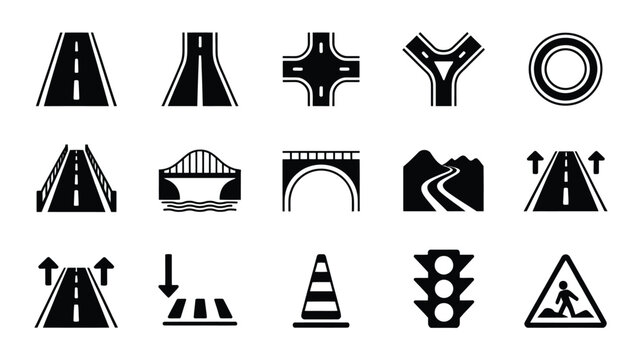 Road traffic glyph icons in clean black vector style representing highways intersections bridges tunnels signals and transportation infrastructure