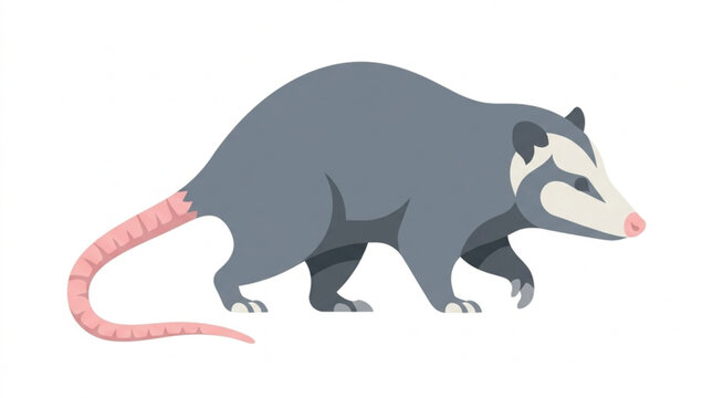 Cute cartoon possum with gray fur pink tail and white face illustration ideal for wildlife education and animal themes