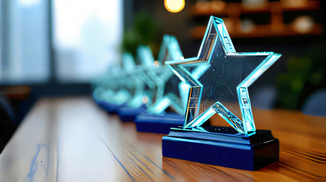 glass award stars on wooden table concept of success and recognition