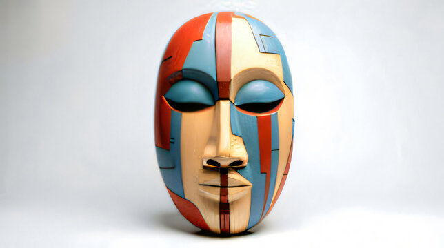 decorative wooden face mask with bright stripes on white background