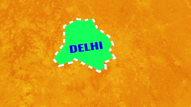 The animated map graphic highlights the capital city of Delhi in India motion