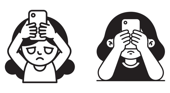 Tired girl holding smartphone over face screen time addiction vector set