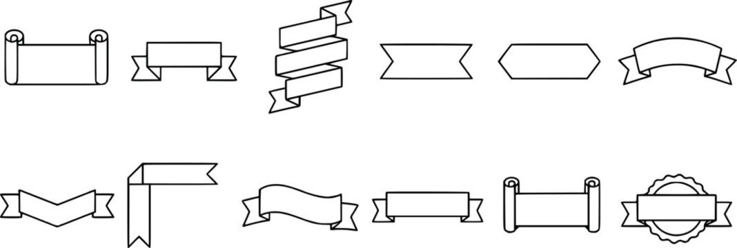 Set of ribbon banners and scrolls in line art style transparent background