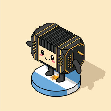 Cute cartoon bandoneon standing on Argentina flag base
