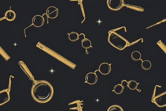 Seamless pattern featuring various vintage spectacles, magnifying glasses, rulers, and calipers on a dark black background, with small stars