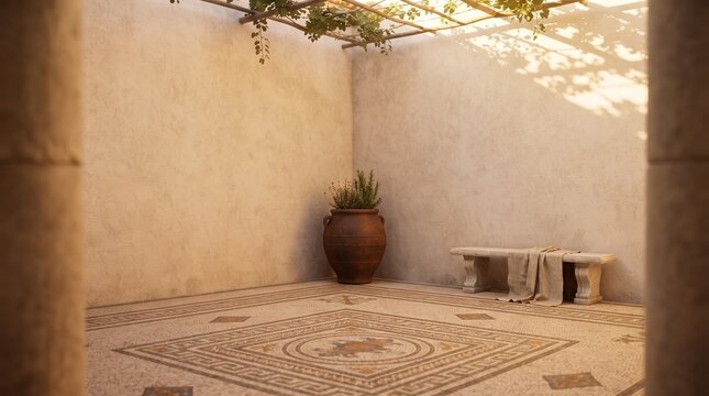 Ancient Roman courtyard with mosaic floor, stone bench and terracotta planter in warm sunlight