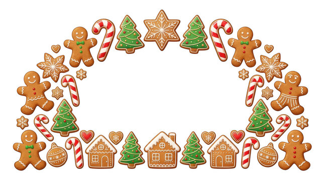 Christmas gingerbread cookies frame with trees and candy canes isolated on transparent background