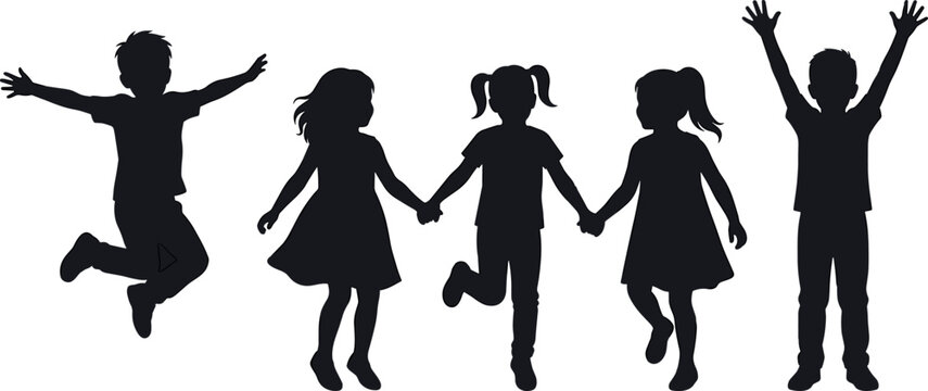 Happy Kids Silhouette Vector Set Featuring Joyful Children Jumping Cheering and Holding Hands for School Kindergarten and Creative Education Playgroup Graphic Designs