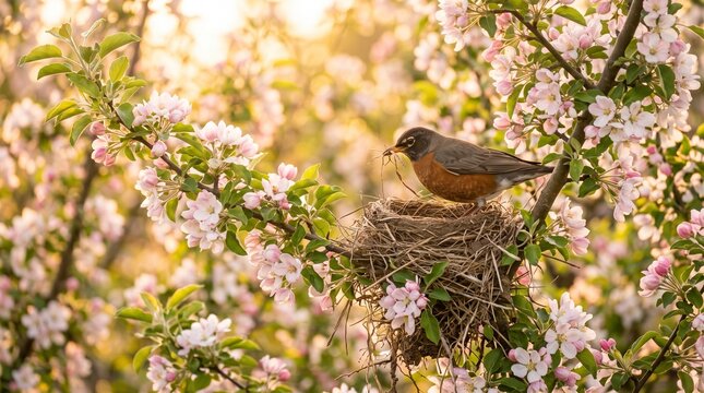 Bird building a nest in a flowering tree during sunset