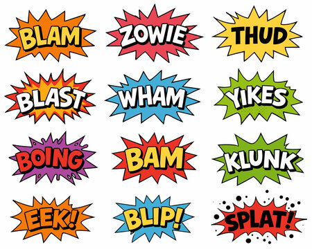 Colorful set of twelve comic book sound effect burst bubbles including Blam, Zowie, Thud, Boing and Bam, ideal for cartoon action and pop art designs.