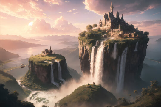 A digital illustration of majestic fantasy castle on a floating island with cascading waterfalls at sunset