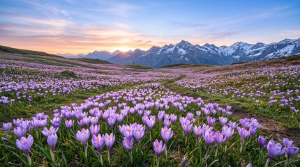 Obraz premium Vast meadow of purple crocuses blooming at sunrise with majestic snow-capped mountains