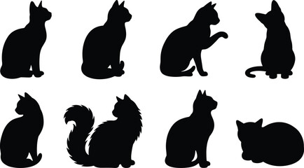 Domestic cat silhouette icons set featuring various feline poses sitting playing and lying down isolated on white background © Mehedi