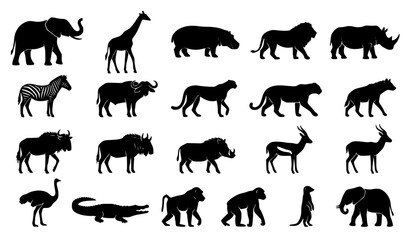 African Wildlife Black Silhouette Vector Set with Elephant Giraffe Hippopotamus and Safari Animals © Abul