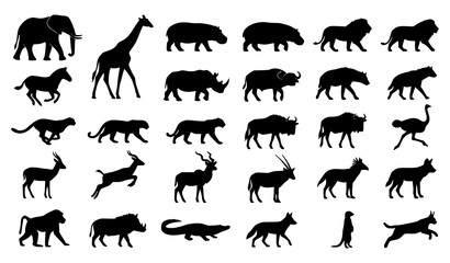 Safari Animal Silhouettes Black White Vector Collection with African Wildlife © Abul