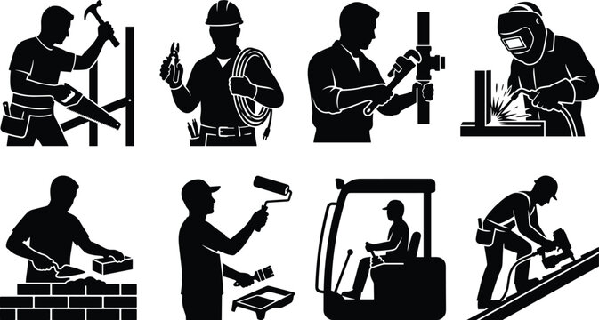 Construction workers and tradesmen black silhouettes set featuring carpenter electrician plumber welder bricklayer painter equipment operator vector illustration