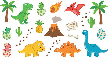 Cute Dinosaur Cartoon Character Element Vector Set Featuring Tyrannosaurus Rex Triceratops Stegosaurus Volcano Palm Trees and Hatching Dino Eggs for Kids Seamless Pattern Designs © Rtazmina
