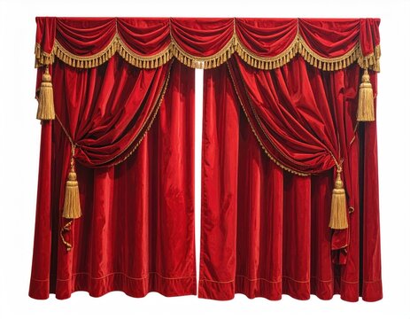 Opulent red velvet curtains with gold trim, tassels, and ornate draped swag