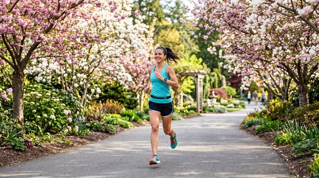 Woman jogging on a path surrounded by blooming trees in a park during spring