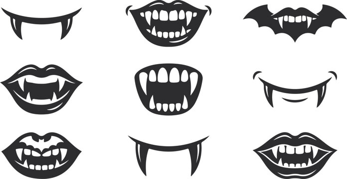 Set of halloween vampire fangs and monster teeth silhouettes