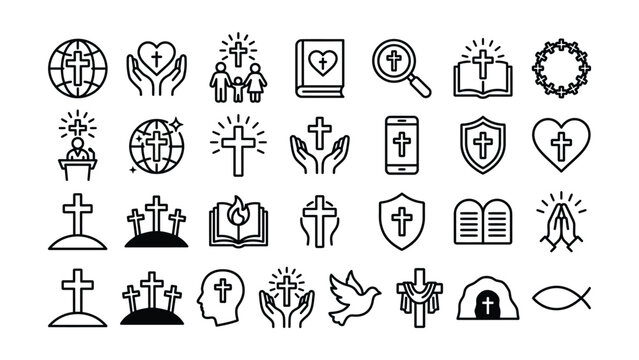 Christianity symbols and icons set for website or brochure design