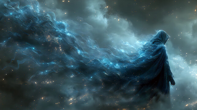 Ethereal hooded figure manifesting from glowing blue cosmic energy clouds.