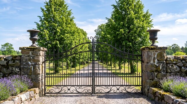 A majestic wrought iron gate at the entrance of a grand estate, flanked by stone pillars with decorative urns and lush green trees lining a gravel driveway