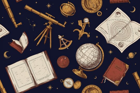 Seamless pattern featuring vintage astronomical instruments, telescopes, globes, star maps, and compasses on a dark blue background, for wallpaper