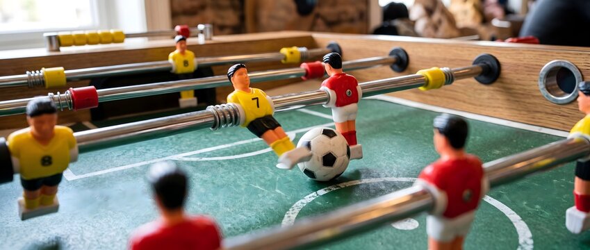 Close up view of plastic foosball players competing for a soccer ball
