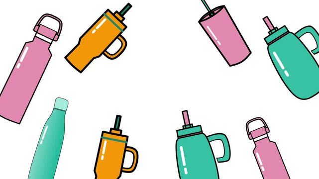 Video of Minimalist tumbler illustration on transparent background. Flat style reusable water bottle icon.